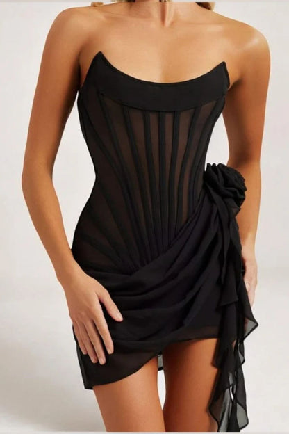 Women’s Strapless Mini Dress – Sheer Mesh – Boned Bodice – Draped Detail – Tight Fit