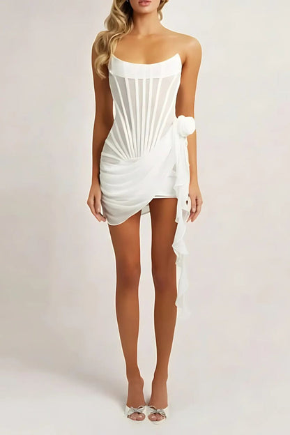 Women’s Strapless Mini Dress – Sheer Mesh – Boned Bodice – Draped Detail – Tight Fit