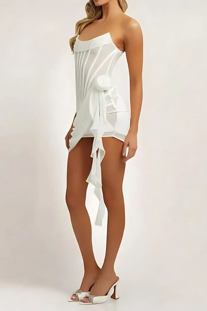 Women’s Strapless Mini Dress – Sheer Mesh – Boned Bodice – Draped Detail – Tight Fit