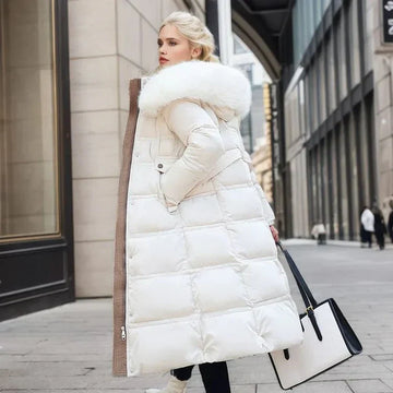 Women's slim fit over knee jacket with fur collar and belt