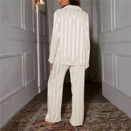 Striped long-sleeve pajama set with button-down for women