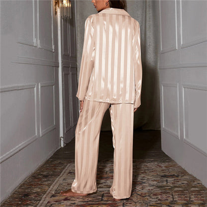 Striped long-sleeve pajama set with button-down for women