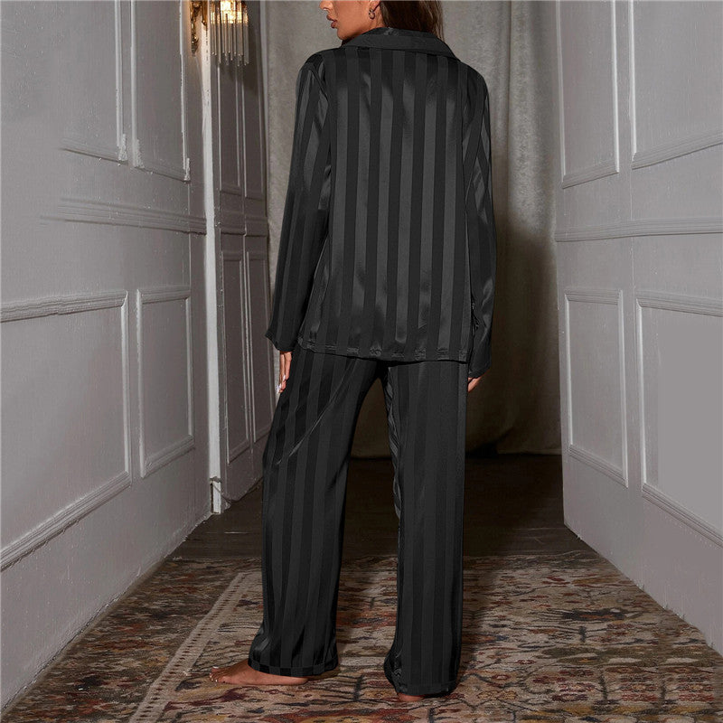 Striped long-sleeve pajama set with button-down for women