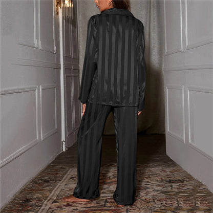 Striped long-sleeve pajama set with button-down for women
