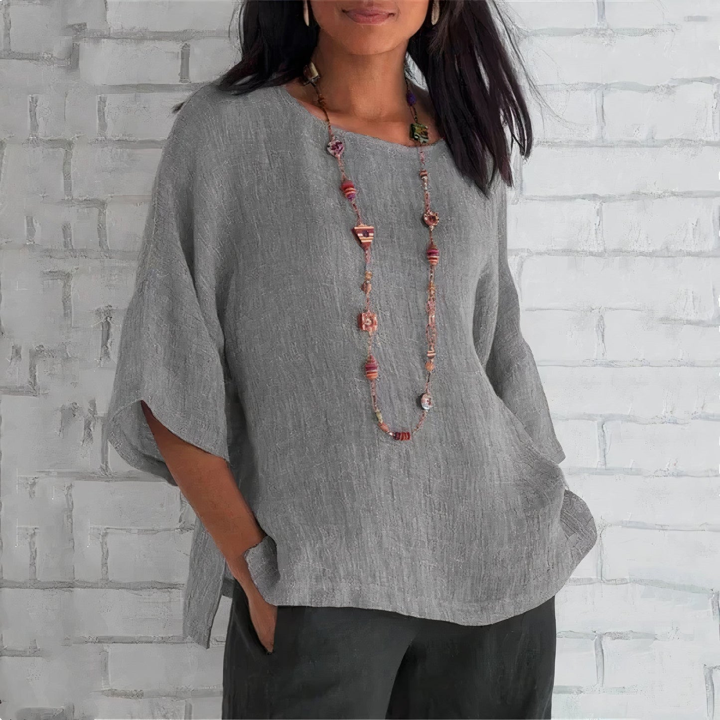 Women's Tunic Top – Lightweight Textured Fabric – Relaxed Fit – Elbow-Length Sleeves