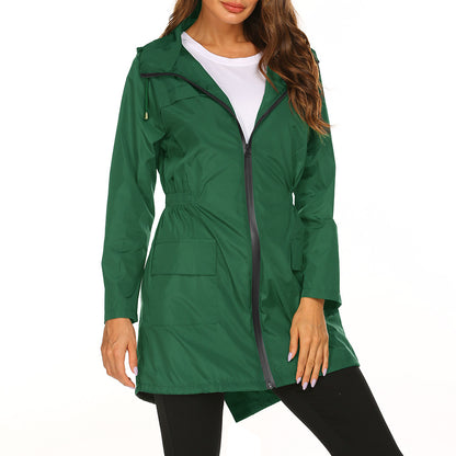 Women's outdoor rain hooded jacket with zip closure