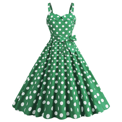 Polka dot sweetheart neckline swing dress with bow accent