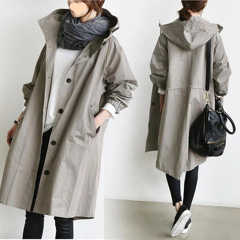 Women's Long Overcoat - Water-Resistant - Hooded with Button Closure - Elastic Cuffs