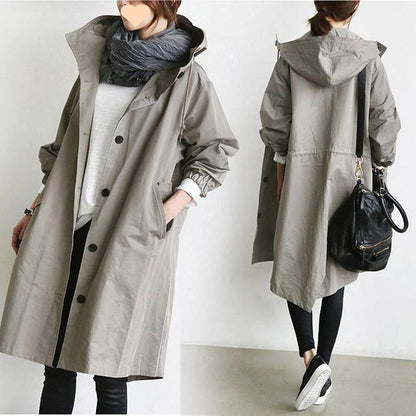Women's Long Overcoat - Water-Resistant - Hooded with Button Closure - Elastic Cuffs