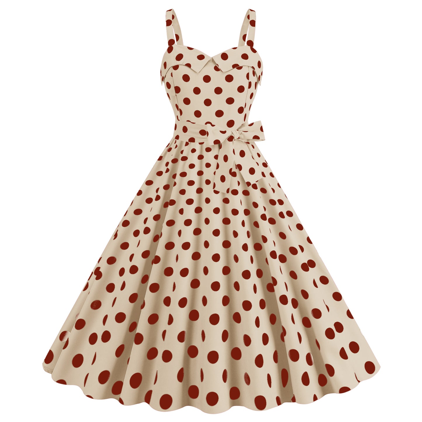 Polka dot sweetheart neckline swing dress with bow accent