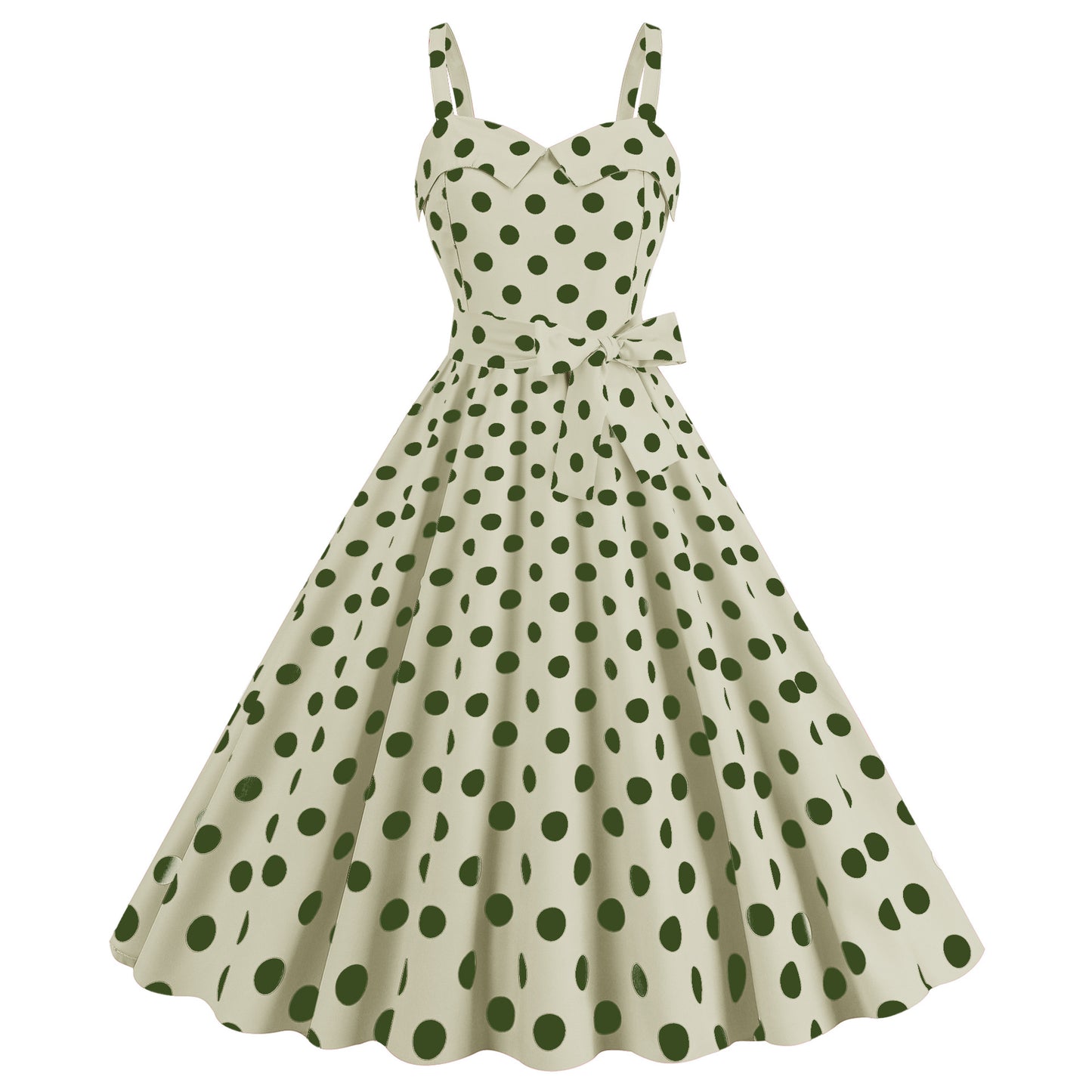 Polka dot sweetheart neckline swing dress with bow accent