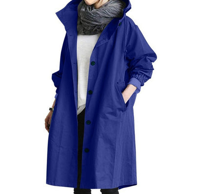Women's Long Overcoat - Water-Resistant - Hooded with Button Closure - Elastic Cuffs