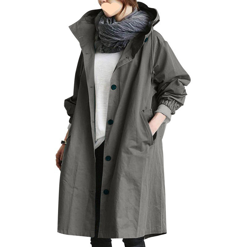 Women's Long Overcoat - Water-Resistant - Hooded with Button Closure - Elastic Cuffs