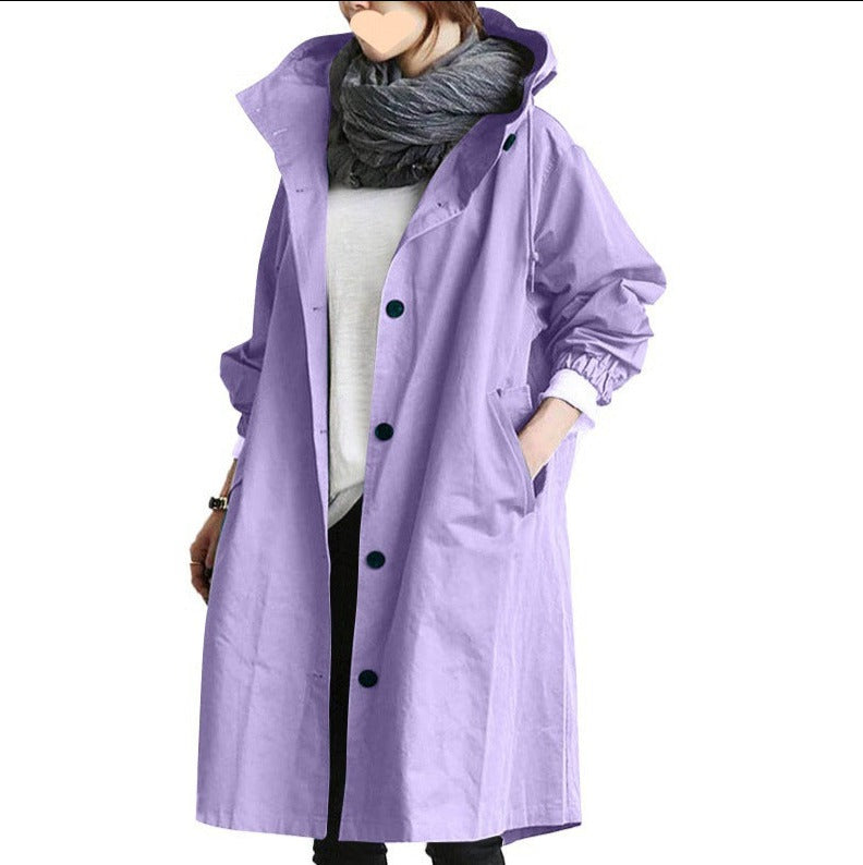 Women's Long Overcoat - Water-Resistant - Hooded with Button Closure - Elastic Cuffs