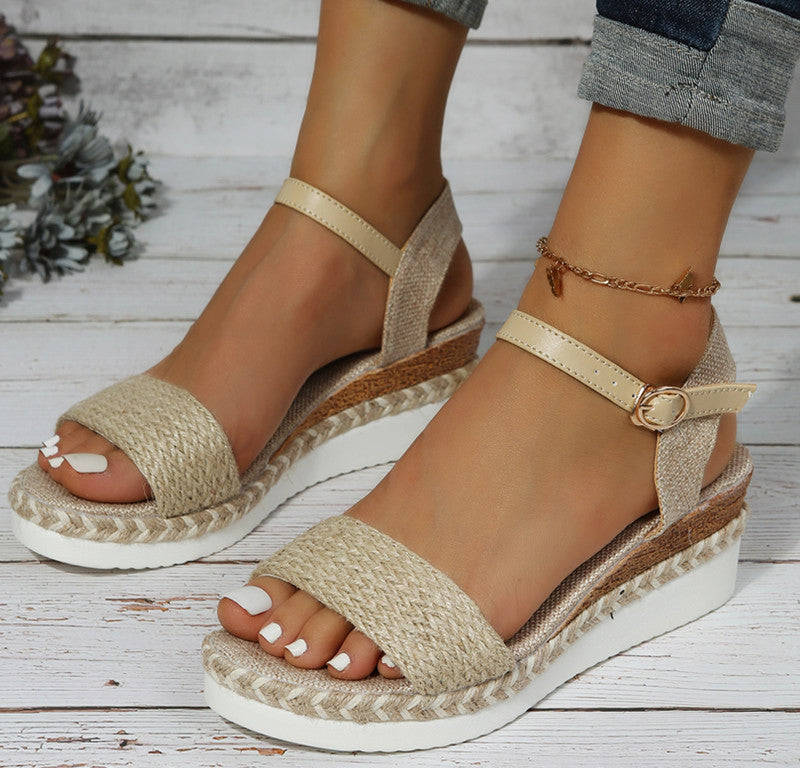Women's Platform Sandals - Wedge Heel - Sparkling Toe Strap - Adjustable Ankle Buckle