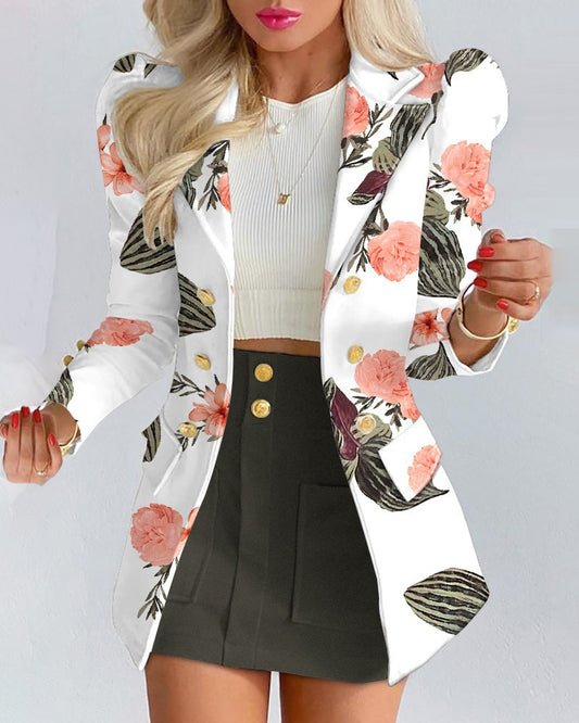 Puff Sleeve Blazer Mini Skirt Two-Piece Set