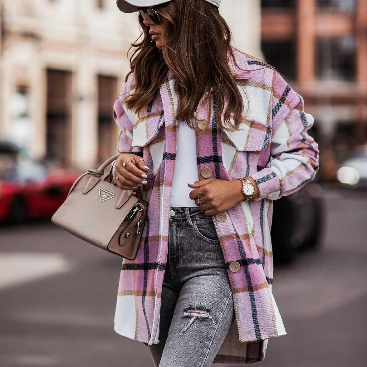 Plaid button-up shacket for women