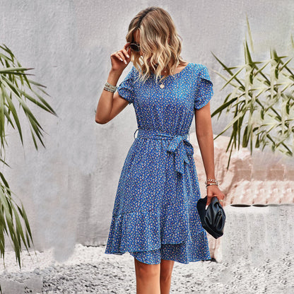 Women's Midi Dress - Cinched Waist - Short Sleeve - Ruffled Hem - Floral Print