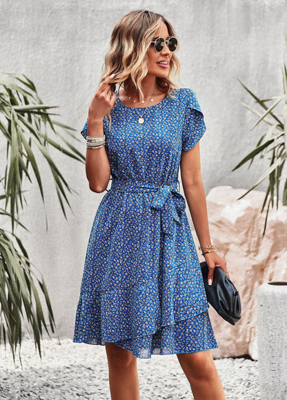 Women's Midi Dress - Cinched Waist - Short Sleeve - Ruffled Hem - Floral Print