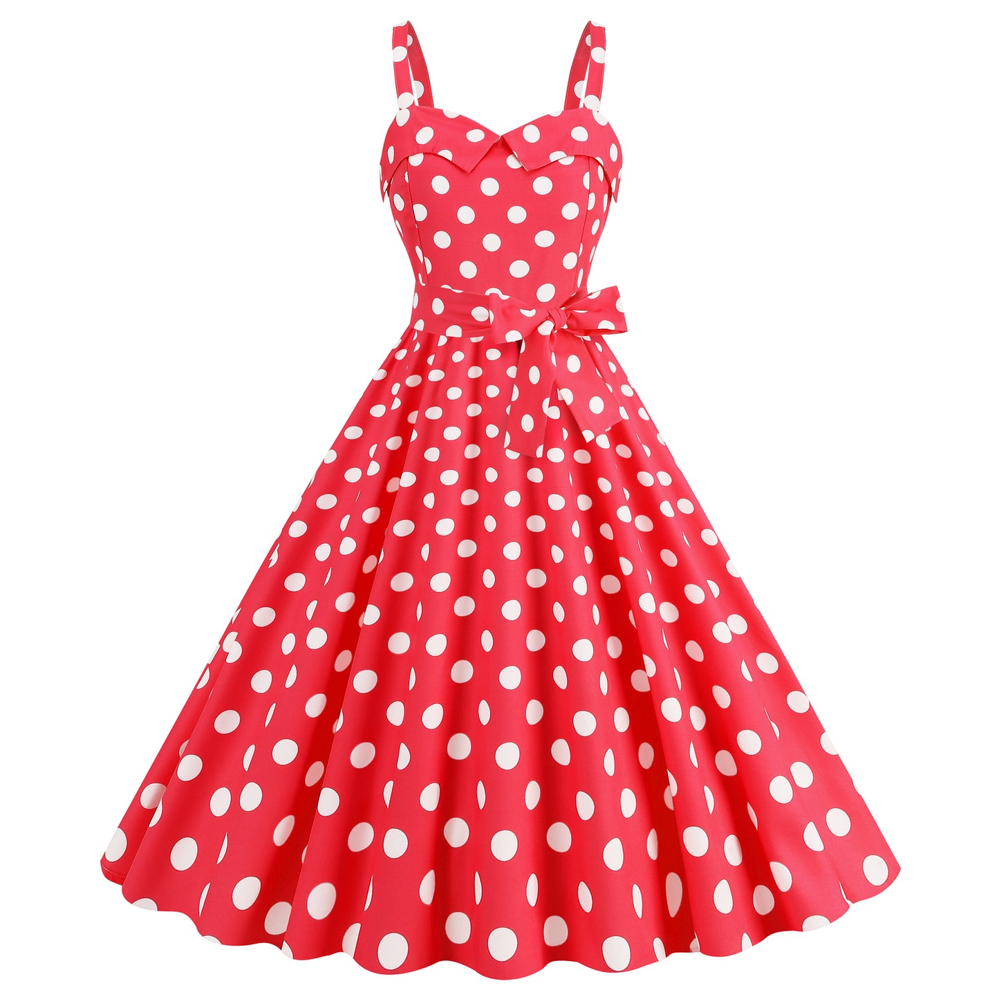 Polka dot sweetheart neckline swing dress with bow accent