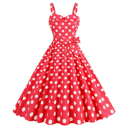 Polka dot sweetheart neckline swing dress with bow accent