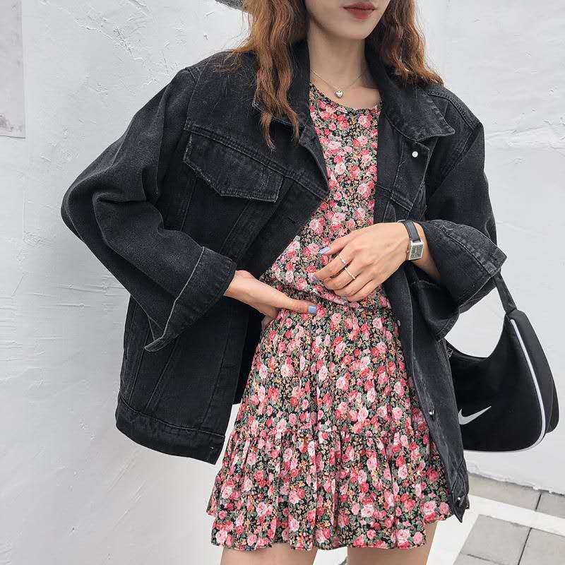 Women's casual denim jacket with embroidered back design