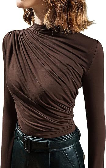 Pleated High-Neck Long-Sleeve Shirt