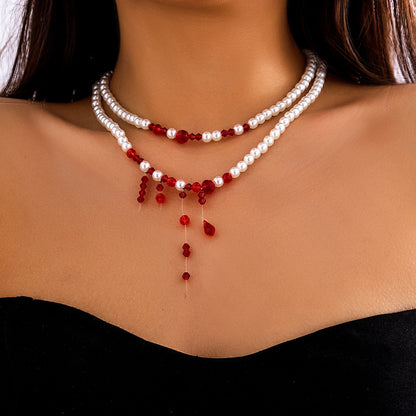 Pearl and red crystal layered choker necklace