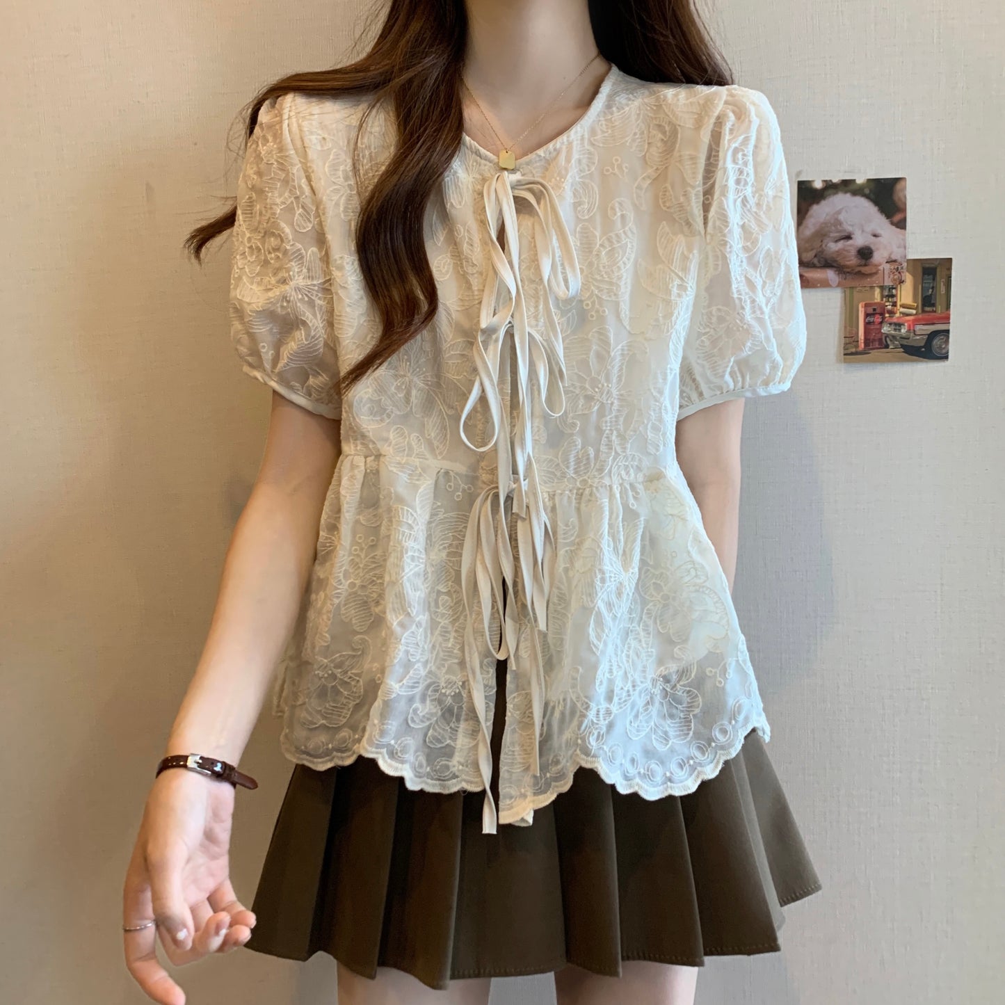 Women's Lace Blouse - Puff Sleeves - Scalloped Hem - Tie Front Elegant Design