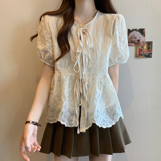 Lace Puff Sleeve Tie Front Blouse