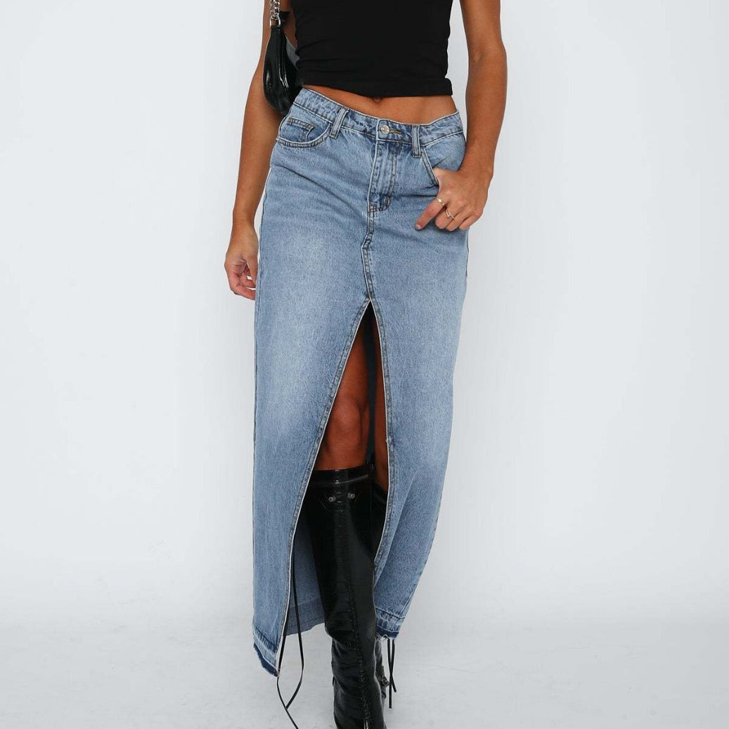 Women’s Denim Maxi Skirt – High Waist – Front Slit – Button Closure – Belt Loops