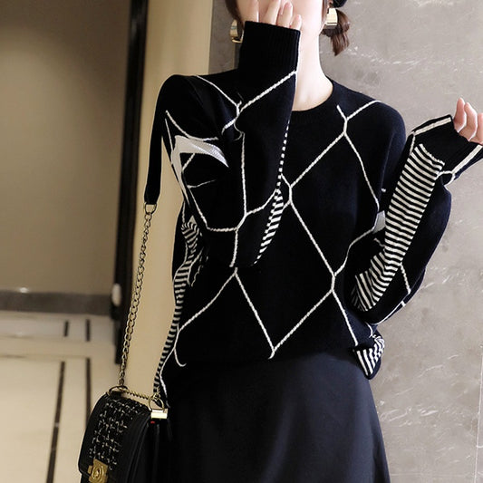 Geometric Contrast Knit Sweater