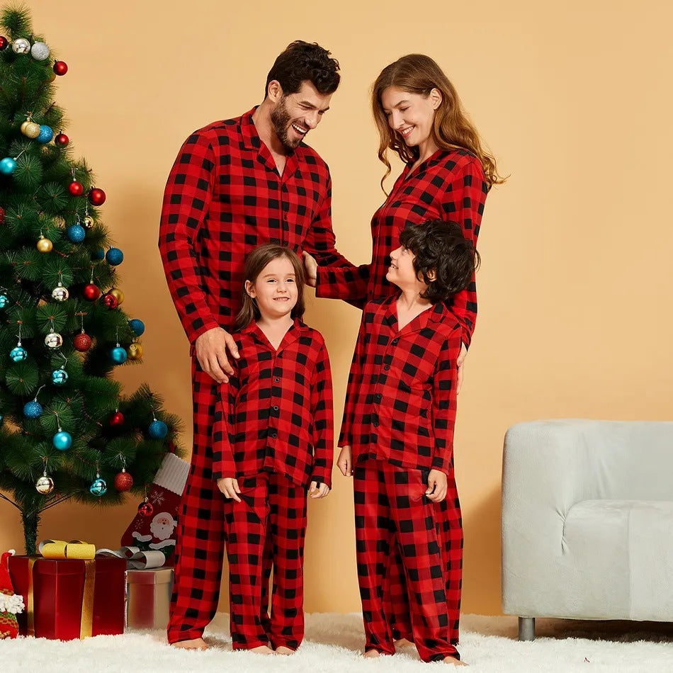 Family matching plaid pajama set with classic button-up design