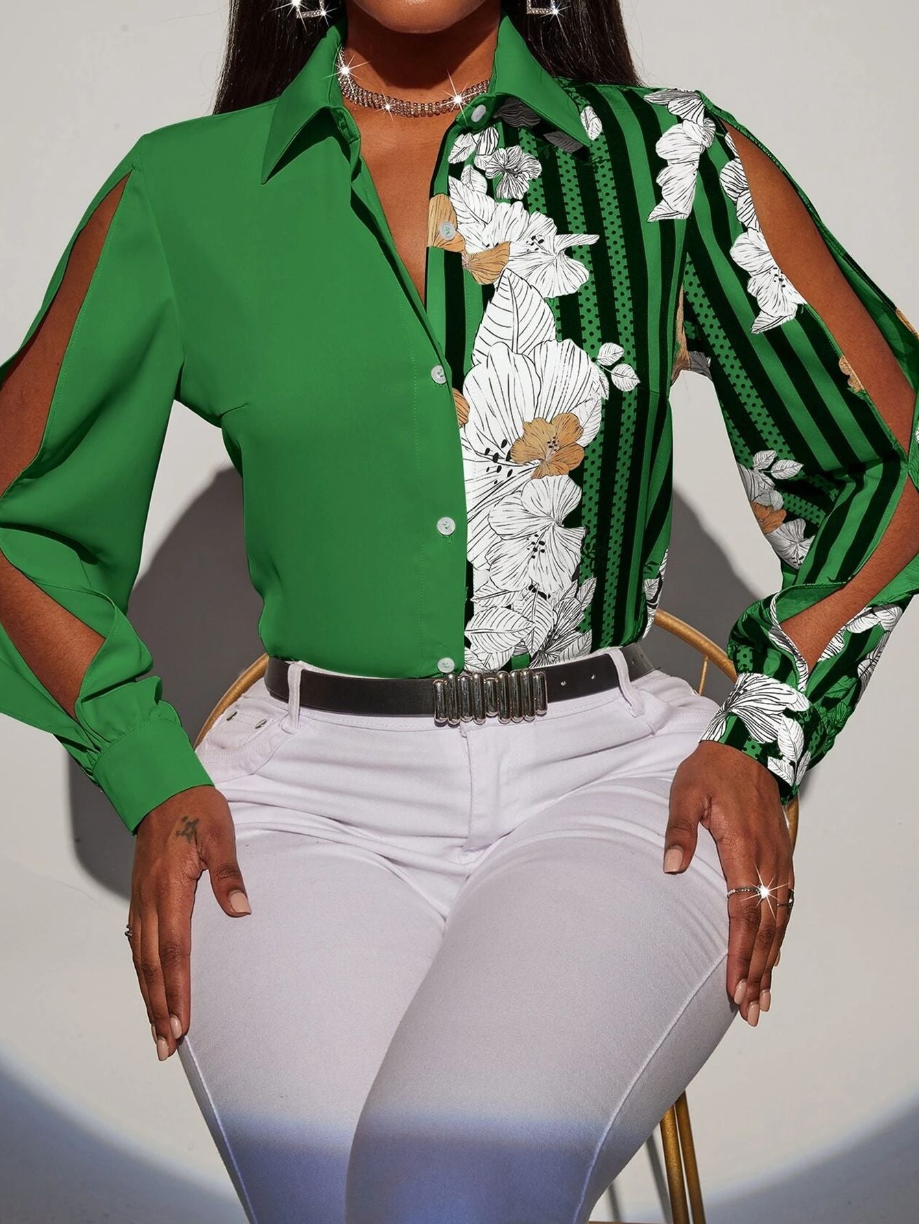 Women's Button-Up Blouse - Split Design - Cold-Shoulder Long Sleeve - Tailored Fit