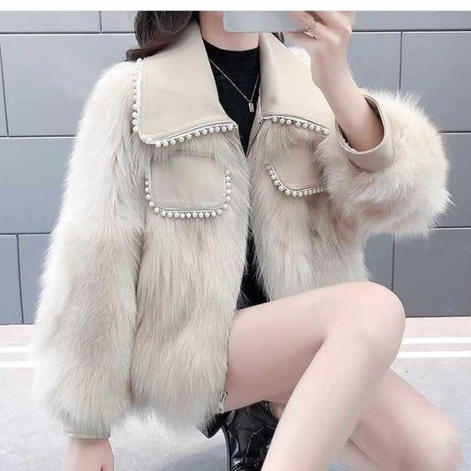 Pearl-Embellished Faux Fur Jacket