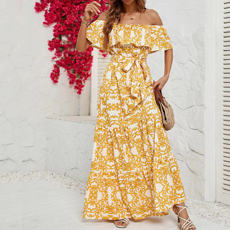 Women's Off-Shoulder Maxi Dress - Ruffled Sleeves - Floral Print - Flowy A-Line Fit