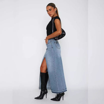Women’s Denim Maxi Skirt – High Waist – Front Slit – Button Closure – Belt Loops