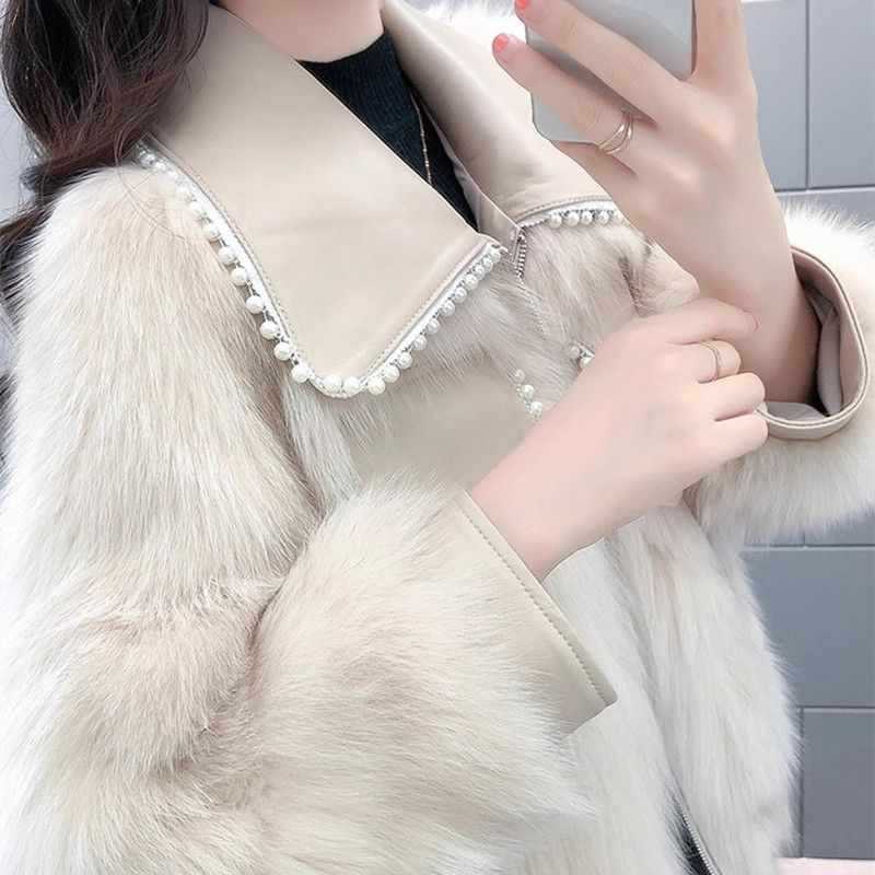Women's faux fur pearl-embellished jacket