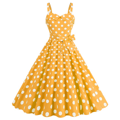 Polka dot sweetheart neckline swing dress with bow accent
