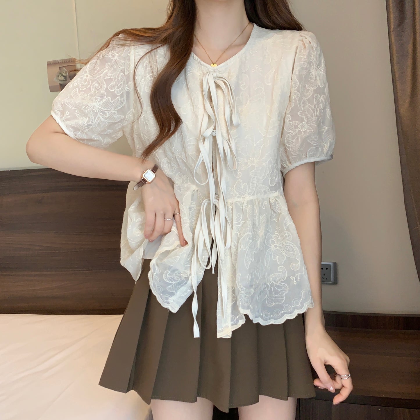 Women's Lace Blouse - Puff Sleeves - Scalloped Hem - Tie Front Elegant Design