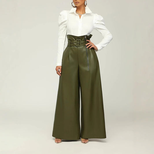 High-Waisted Belted Faux Leather Wide-Leg Pants