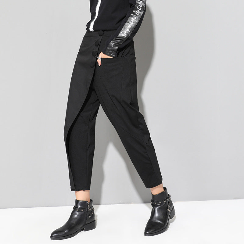 Trendy high-waisted button-front trousers for women