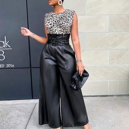 Women's high-waisted belted faux leather wide-leg pants