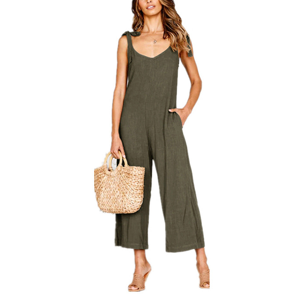 Women's Jumpsuit - V-Neck Wide Leg - Tie Shoulder Straps - Cropped Length with Pockets