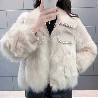 Women's faux fur pearl-embellished jacket
