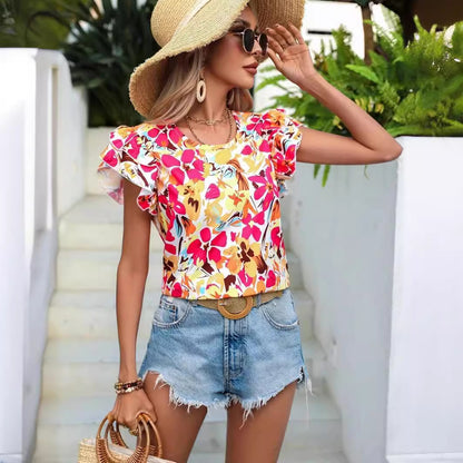Women's Floral Blouse - Round Neck - Flutter Short Sleeves - Lightweight Casual Fit
