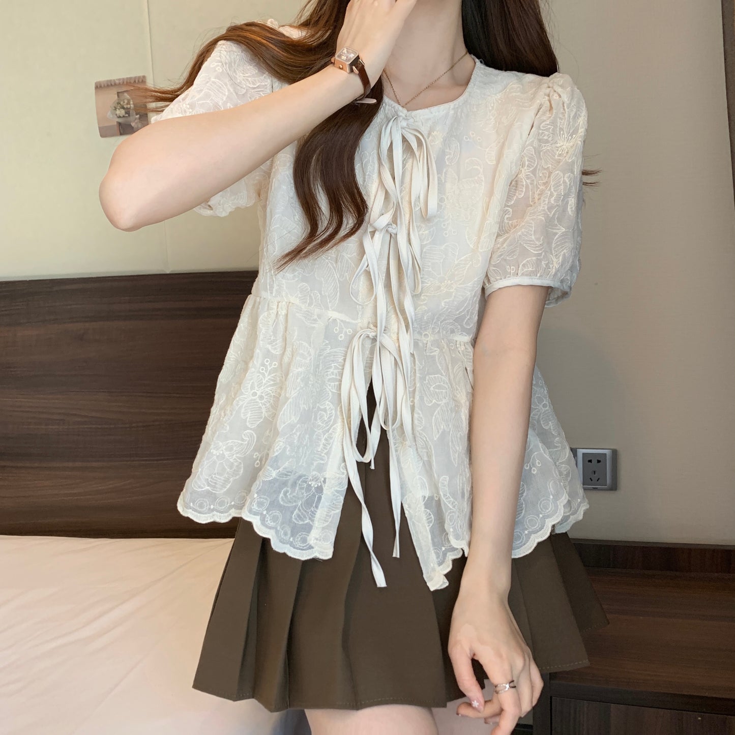 Women's Lace Blouse - Puff Sleeves - Scalloped Hem - Tie Front Elegant Design