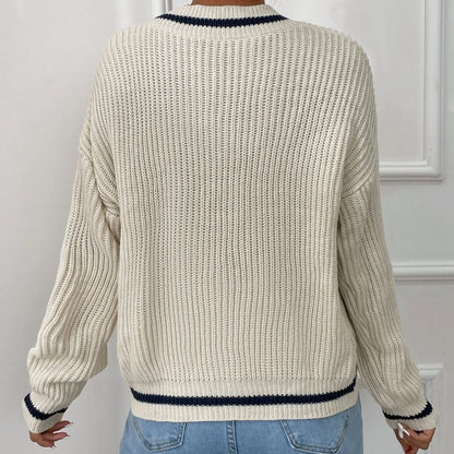 Women's casual sweater with patchwork v-neck