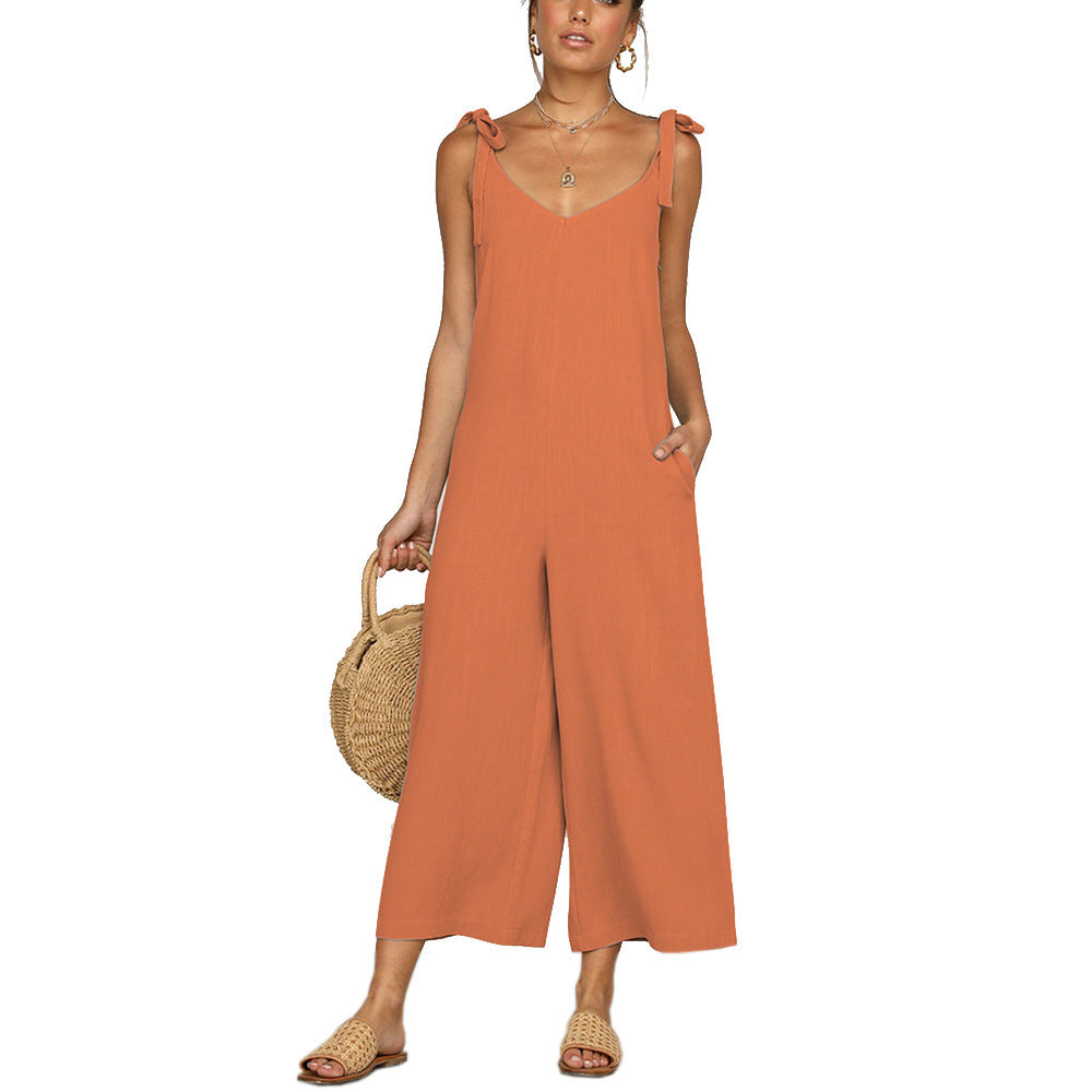Women's Jumpsuit - V-Neck Wide Leg - Tie Shoulder Straps - Cropped Length with Pockets