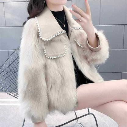 Women's faux fur pearl-embellished jacket